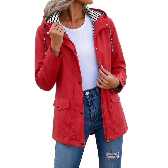 SEMPAI Womens Waterproof Jacket Women's Windbreaker Hooded Leisure Long Sleeve Coat with Pocket Loose Zipper Button Running Suit Red S