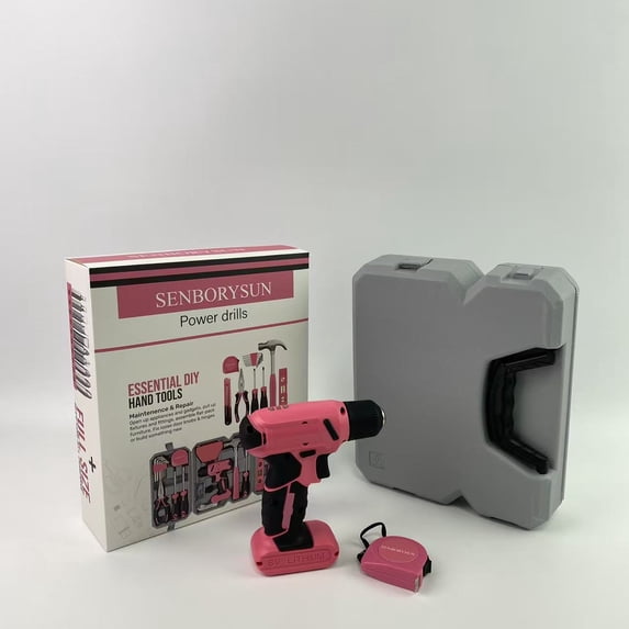 SENBORYSUN Power drills, 58pc Pink 8V USB Electric Power Cordless Drill Driver and Womens Ladies Home DIY Tool Kit Set