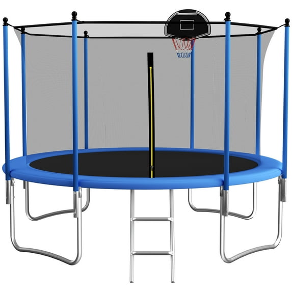 SENCHO GINSYTALIOR 14FT Outdoor Trampoline for Kids and Adults, Backyard Trampoline with Basketball Hoop , Enclosure Net and Ladder, Heavy Duty Trampoline Capacity for 2-6 Kids(14FT,Blue)