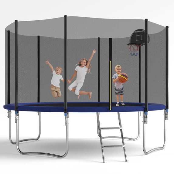 HEVAOTRY 12Ft Trampoline with Basketball Hoop Steel Ladder & 330lbs Capacity Safe Enclosure Net for Kids Adults-Out Net