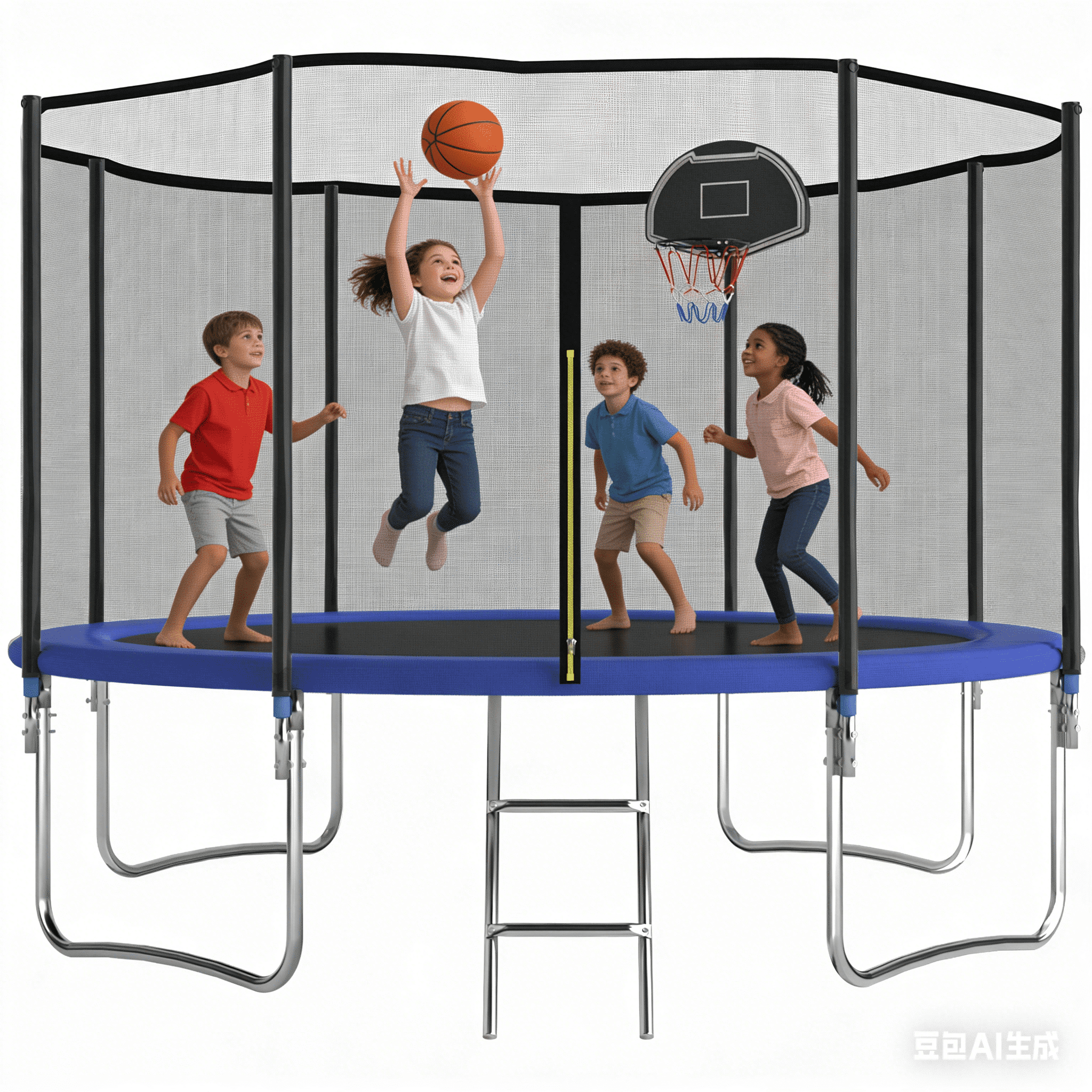 SENCHO GINSYTALIOR 12FT Outdoor Trampoline for Kids and Adults, Backyard Trampoline with Basketball Hoop , Enclosure Net and Ladder,  Heavy Duty Trampoline Capacity for 2-6 Kids(12FT,Blue）