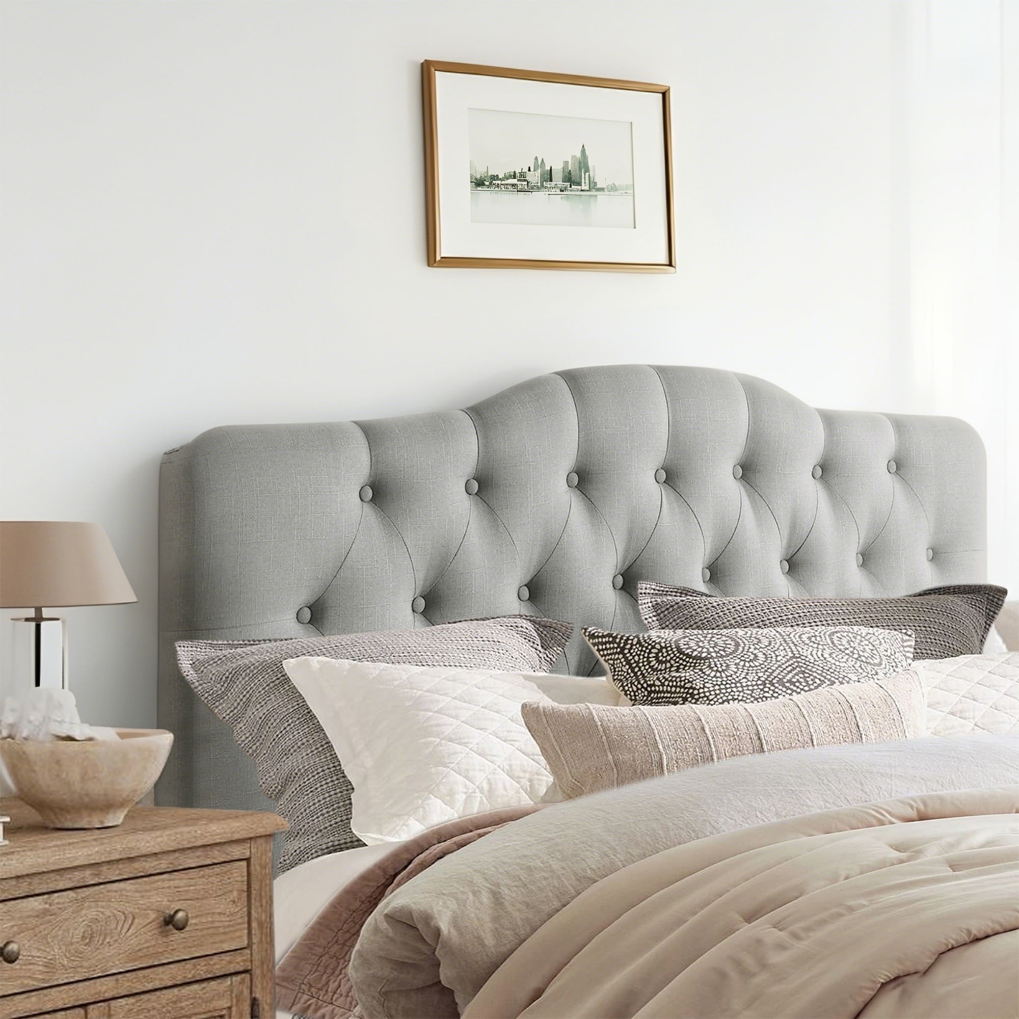 Gray Full Linen Upholstered Tufted Headboard with Rubberwood Frame
