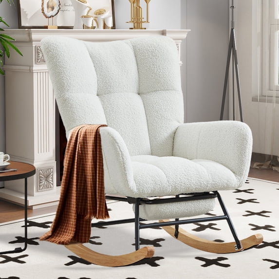 SENCHO GINSYTALIOR Rocking Chair Nursery with Foot Rest,Upholstered Glider Chair with High Backrest, Rocker Accent Armchair with Solid Wood Legs for Nursery Bedroom Living Room(Beige)