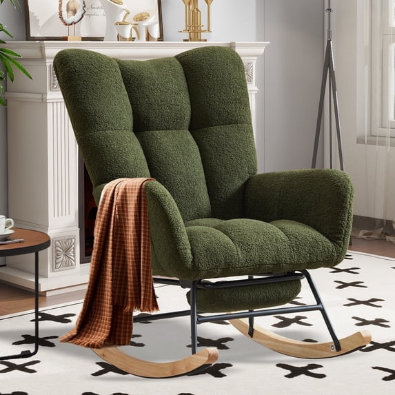 SENCHO GINSYTALIOR Rocking Chair Nursery with Foot Rest,Upholstered Glider Chair with High Backrest, Rocker Accent Armchair with Solid Wood Legs for Nursery Bedroom Living Room(Dark Green)