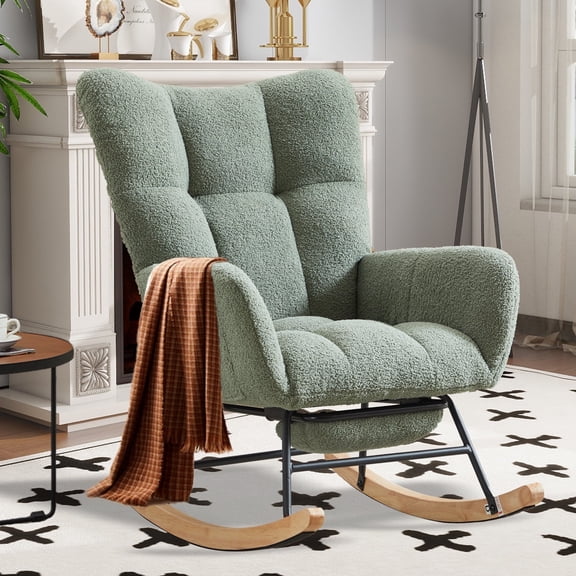 SENCHO GINSYTALIOR Rocking Chair Nursery with Foot Rest,Upholstered Glider Chair with High Backrest, Rocker Accent Armchair with Solid Wood Legs for Nursery Bedroom Living Room(Light Green)