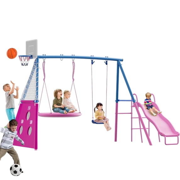 SENCHO GINSYTALIOR Swing Set With Climbing Ladder, Climbing Net, Trapeze bar, Hammock Swing, Belt Swing, Basketball hoop for Backyard
