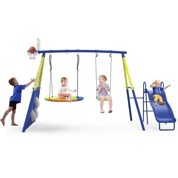 SENCHO GINSYTALIOR Swing Set With Climbing Ladder, Climbing Net, Trapeze bar, Hammock Swing, Belt Swing, Basketball hoop for Backyard