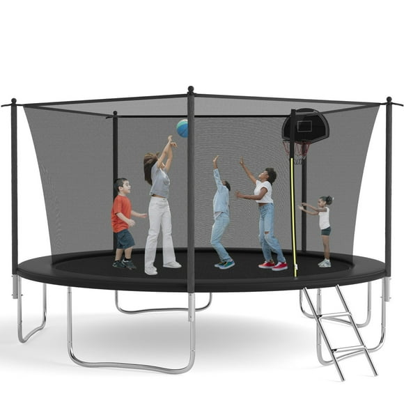 SENCHO GINSYTALIOR Trampoline 14ft Round Outdoor Trampoline for Kids with Enclosure Net, Basketball Hoop, 300-1000LBS Weight Capacity(Black)