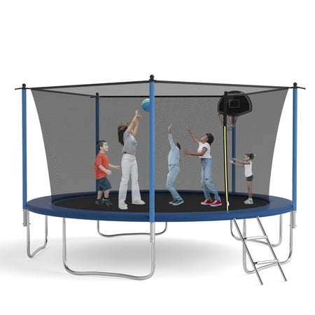 SENCHO GINSYTALIOR TRAMPOLINE Jump N' Dunk 14 FT Round Outdoor Trampoline for Kids with Enclosure Net, Basketball Hoop, 300-1000LBS Weight Capacity