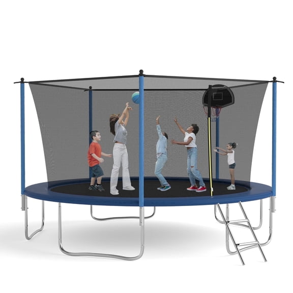 SENCHO GINSYTALIOR TRAMPOLINE Jump N' Dunk 14 FT Round Outdoor Trampoline for Kids with Enclosure Net, Basketball Hoop, 300-1000LBS Weight Capacity