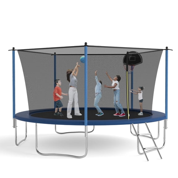 SENCHO GINSYTALIOR Trampoline 12ft Round Outdoor Trampoline for Kids with Enclosure Net, Basketball Hoop, 300-1000LBS Weight Capacity