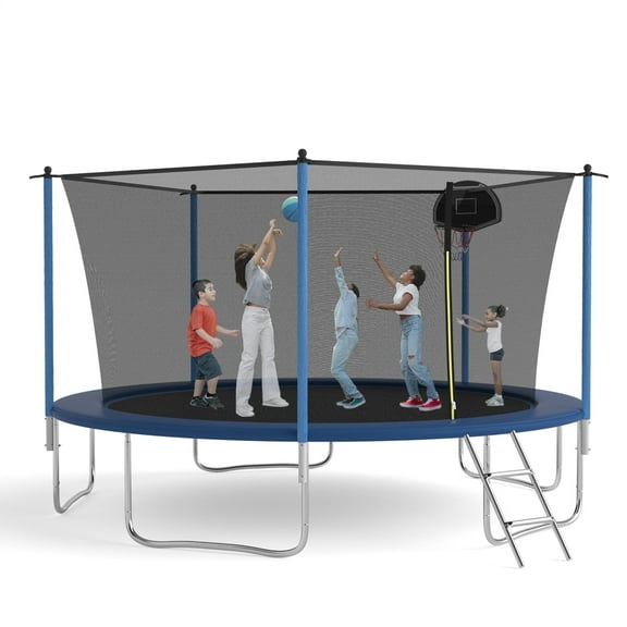 SENCHO GINSYTALIOR TRAMPOLINE Jump N' Dunk 14 FT Round Outdoor Trampoline for Kids with Enclosure Net, Basketball Hoop, 300-1000LBS Weight Capacity