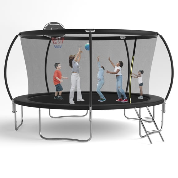 SENCHO GINSYTALIOR TRAMPOLINE Jump N' Dunk 14 FT Round Outdoor Trampoline for Kids with Enclosure Net, Basketball Hoop, 300-1000LBS Weight Capacity