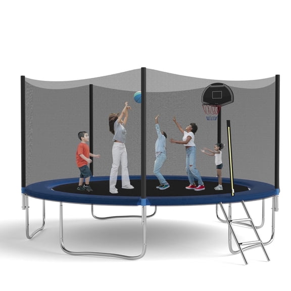 SENCHO GINSYTALIOR TRAMPOLINE Jump N' Dunk 14 FT Round Outdoor Trampoline for Kids with Enclosure Net, Basketball Hoop, 300-1000LBS Weight Capacity