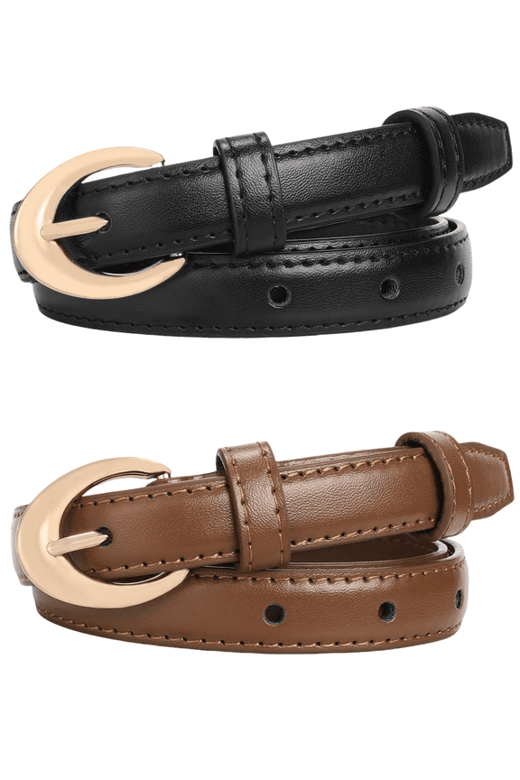 2 Pack Women Belts For Jeans Dresses Pants Ladies Leather Waist Belt with Gold Buckle