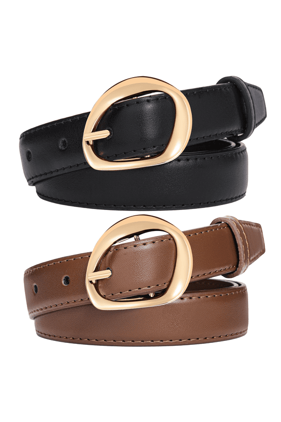 2 Pack Women's Belts Leather with Gold Buckle Fashion Waist Belt for Ladies Casual Jeans Dresses