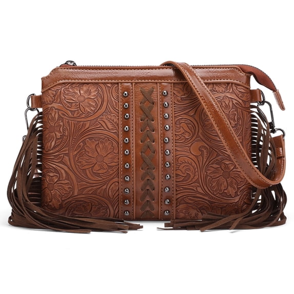 SENDEFN Fashion Fringe Crossbody Bag with Rivets Western Women Purse Vegan Leather Shoulder Bag with Tassel