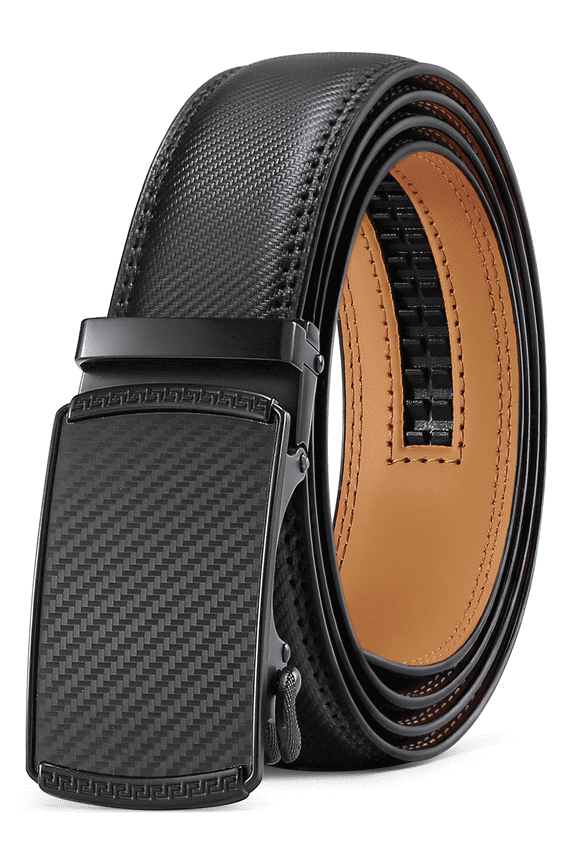 Leather Belt for Men Automatic Ratchet Buckle Slide Dress Casual Belts 1 3/8'' Wide, Adjustable Trim to Fit