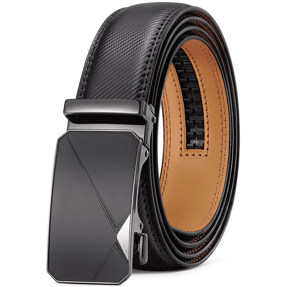 SENDEFN Leather Belt for Men Automatic Ratchet Buckle Slide Dress Casual Belts 1 3/8'' Wide, Adjustable Trim to Fit