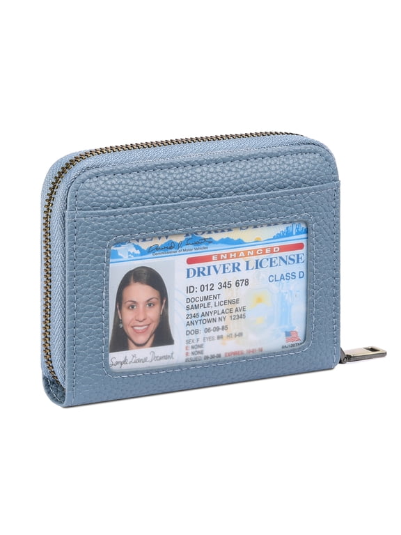 Leather Credit Card Holder Wallet for Women RFID Small Zipper Card Case with ID Window