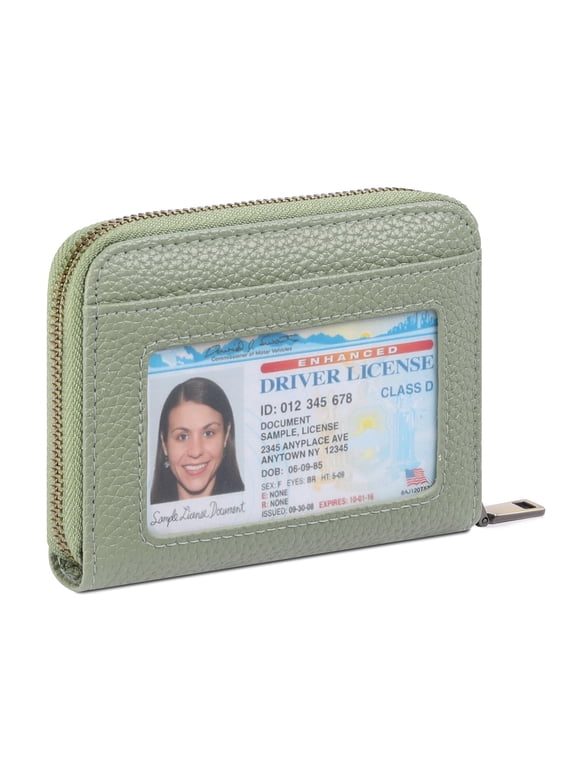 Leather Credit Card Holder Wallet for Women RFID Small Zipper Card Case with ID Window
