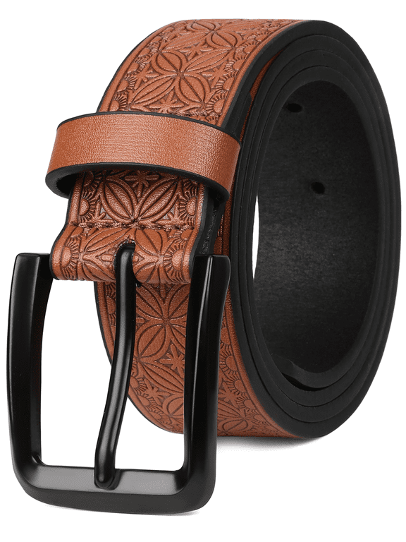 Men's Casual Leather Jeans Belts Vintage Leather Engraved Strap with Single Prong Buckle