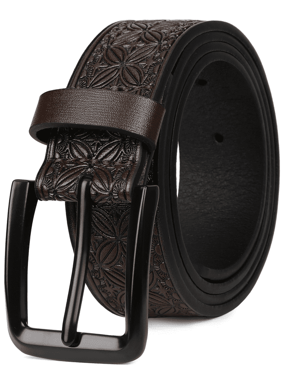 Men's Casual Leather Jeans Belts Vintage Leather Engraved Strap with Single Prong Buckle