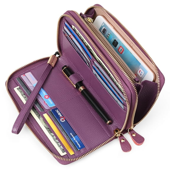 SENDEFN RFID Blocking Women's Leather Zip Wallet, Purple