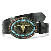 SENDEFN Western Cowboy Belt for Men Women Longhorn Bull Buckle Belt Floral Engraved Belts 1.5" Wide for Jeans