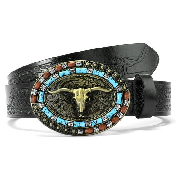 SENDEFN Western Cowboy Belt for Men Women Longhorn Bull Buckle Belt Floral Engraved Belts 1.5" Wide for Jeans