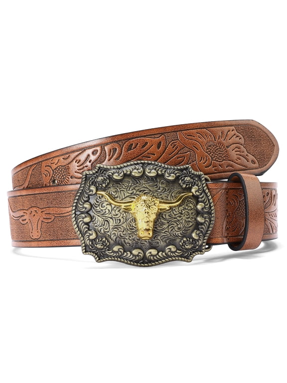 Western Cowboy Belt for Men Women Longhorn Bull Buckle Belts Floral Engraved Embossed Pattern 1.5" Wide for Jeans