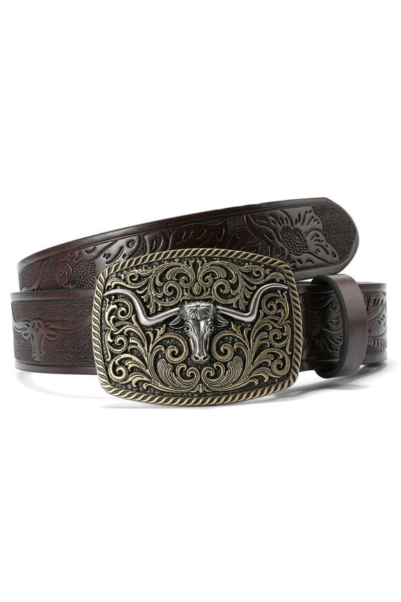 Western Cowboy Belt for Men Women Longhorn Bull Buckle Belts Floral Engraved Embossed Pattern 1.5" Wide for Jeans