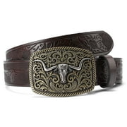 SENDEFN Western Cowboy Belt for Men Women Longhorn Bull Buckle Belts Floral Engraved Embossed Pattern 1.5 Wide for Jeans