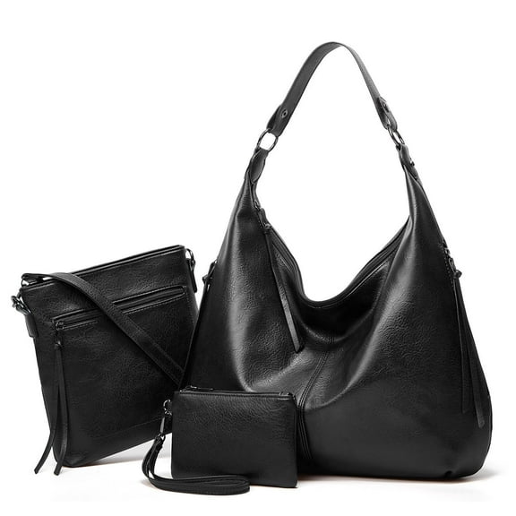 SENDEFN Women's Leather Crossbody Hobo Bags with Wristlet, Black, 3-Piece