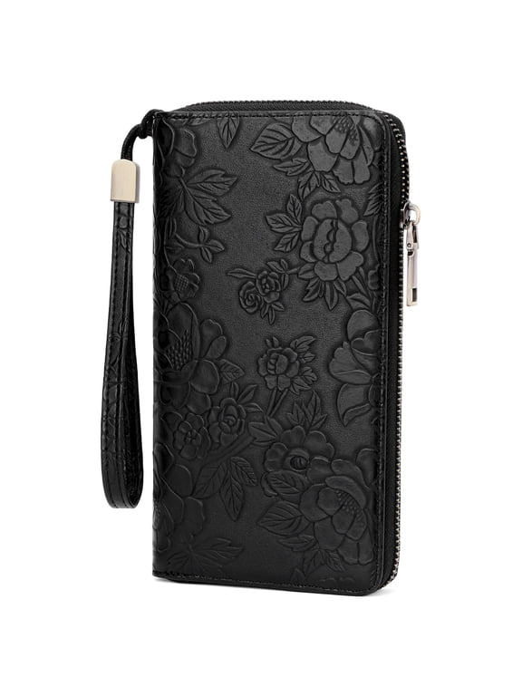 Womens Print Floral Wallet Vegan Leather Credit Card Holder Wallet RFID Wristlet Wallet for Women Ladies Clutch Long Purses