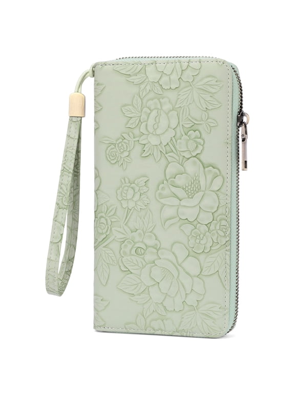 Womens Print Floral Wallet Leather Credit Card Holder Wallet RFID Wristlet Wallet for Women Ladies Clutch Long Purses