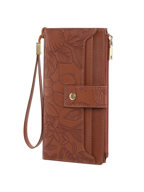 Womens Print Floral Wallet Leather Credit Card Holder Wallet RFID Wristlet Wallet for Women Ladies Clutch Long Purses