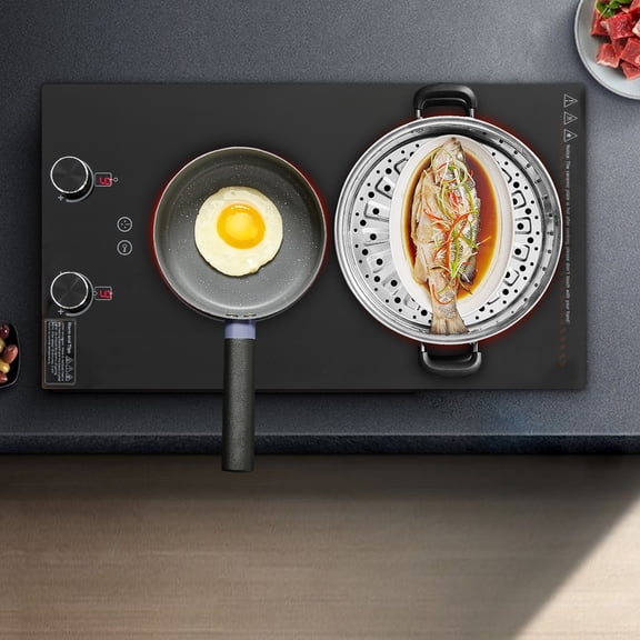 SENDERPICK 2 Burner Electric Cooktop 110V 3000W Plug-in Electric Ceramic Stove Top, LED Display Countertop Radiant Cooktop with 10 Power Levels, Touch & Knob Control, Safety Lock, Automatic Shutdown