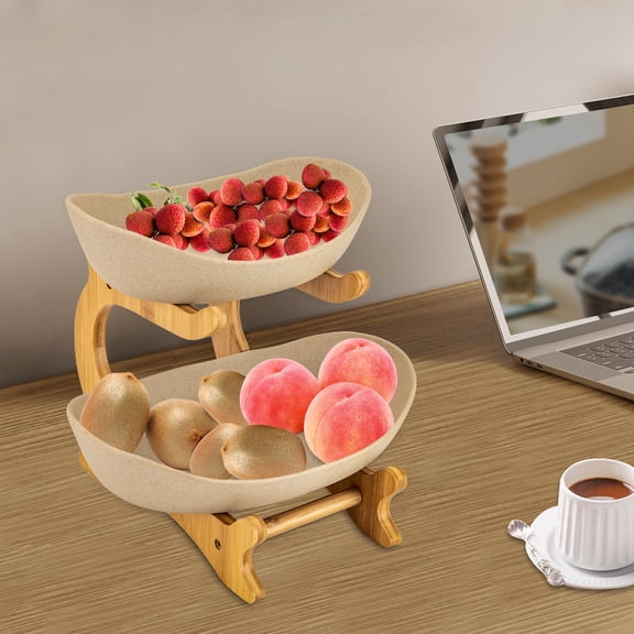 SENDERPICK 2-Tier Kitchen Countertop Fruit Storage Basket Bowl Bamboo Ceramic Snack Box for Vegetables & Fruits