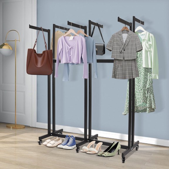 SENDERPICK 2 Way Clothing Rack with 15" Straight Arms Retail Display Rack With Wheels 6 Arms Coats Stand Adjustable From 47" to 62" for Hanging Clothes Rolling Clothing Rack