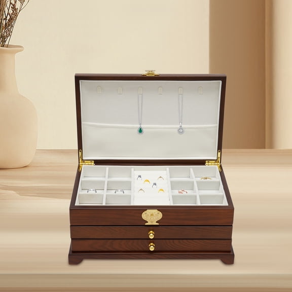 SENDERPICK 3-Layers Wooden Jewelry Box Necklace Earring Bracelet Storage Display Box Organizer Dark Brown