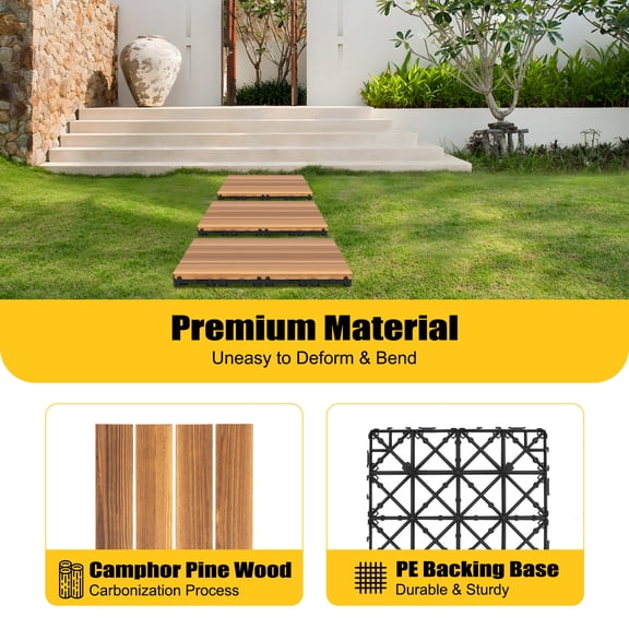 SENDERPICK 36Pcs Hardwood Interlocking Patio Deck Tiles Wood Flooring DIY Outdoor 12''x12'' Larch Solid Wood, PE High-temperature Carbonised
