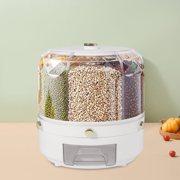 SENDERPICK 6 in 1 360Rotating Rice and Grain Dispenser, 6 Compartment Sealed Storage Container with One-Button Dispensing for Snacks, Candy, Coffee Beans