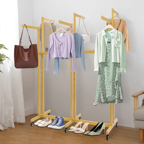 SENDERPICK 6-Arm Rolling Garment Display Rack, Gold Iron Adjustable Height Clothing Retail Rack for Boutique Bedroom