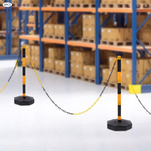 SENDERPICK 6-Piece Yellow Black PE Safety Bollard Set 33.5in Tall Fillable Base 2m Chains for Commercial Area Crowd Control
