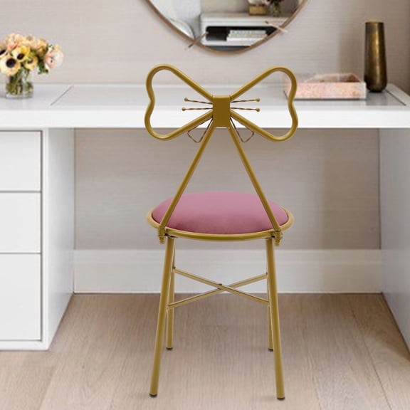SENDERPICK Butterfly Backrest Chair, Pink Butterfly Dressing Chair with Flannel Cushion Metal Frame Modern Vanity Chair with Bow Backrest