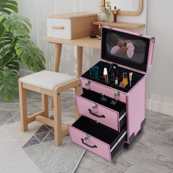 SENDERPICK Cosmetic Pro Rolling Makeup Train Case Aluminum Trolley Train Case Box Organizer