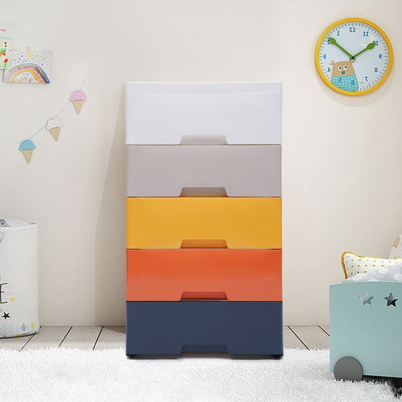 SENDERPICK Freestanding 5 Drawers Dresser Modern Vertical Stackable Chest Closet Organizer Underclothes Toys Storage Tower Plastic Storage Cabinet White/Gradient Blue/Multi-Color