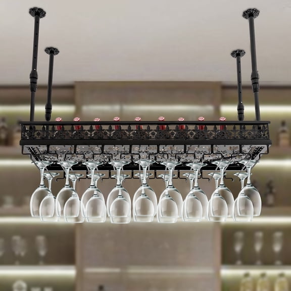 SENDERPICK Hanging Wine Rack with Glass Holder, Ceiling Wine Glass Rack 13.78-21.65 inch Height Adjustable Industrial Hanging Wine Rack Ceiling Mounted Metal Wine Shelf Holder for Bar Cafe Kitchen