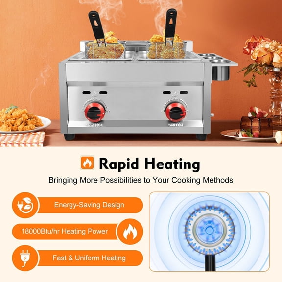 SENDERPICK Stainless Steel Countertop Gas Fryer Commercial LPG Gas Deep Fryer with 2 Basket Propane LPG Oil Frying Pot Kitchen Frying Machine Snack Fryer For French Fries Restaurant Home